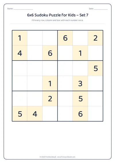 6x6 sudoku puzzle worksheet for kids