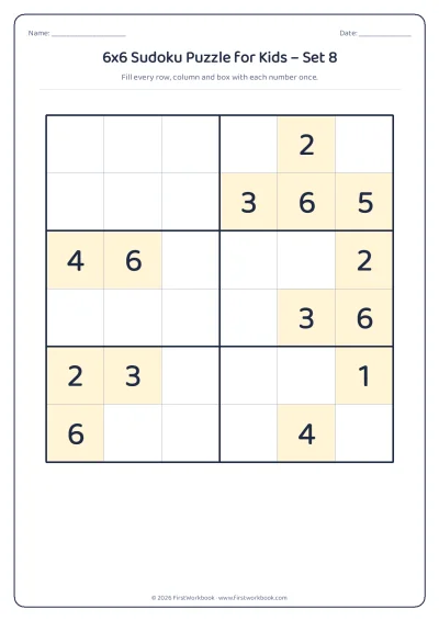6x6 sudoku puzzle worksheet for kids