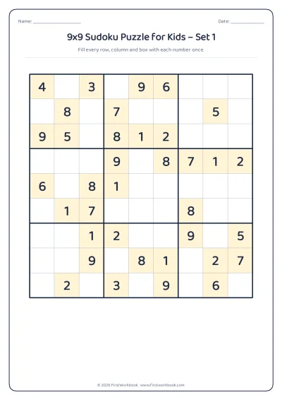 9x9 sudoku puzzle worksheet for kids