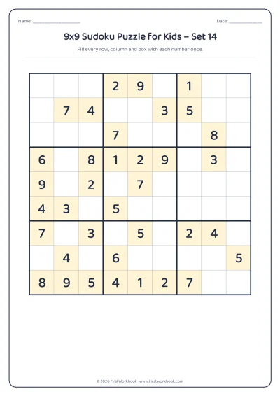 9x9 sudoku puzzle worksheet for kids