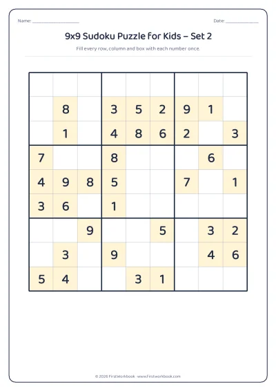 9x9 sudoku puzzle worksheet for kids