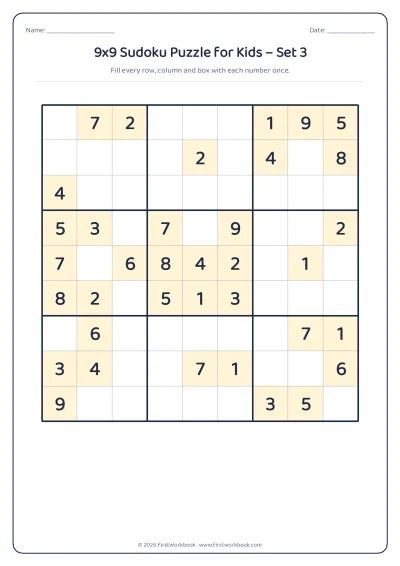 9x9 sudoku puzzle worksheet for kids