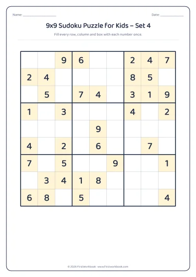 9x9 sudoku puzzle worksheet for kids