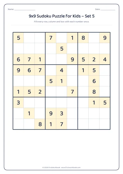 9x9 sudoku puzzle worksheet for kids