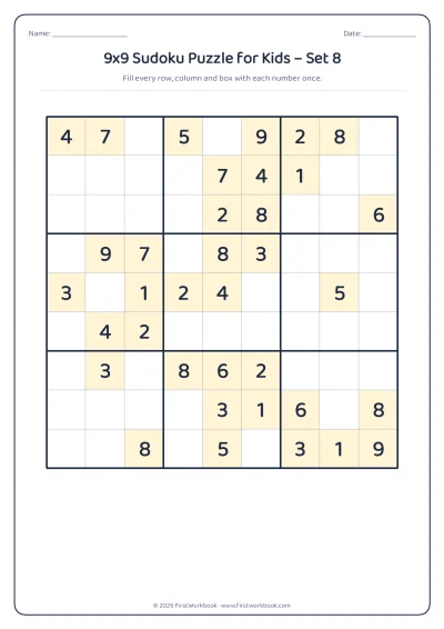 9x9 sudoku puzzle worksheet for kids