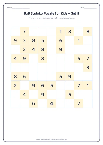 9x9 sudoku puzzle worksheet for kids