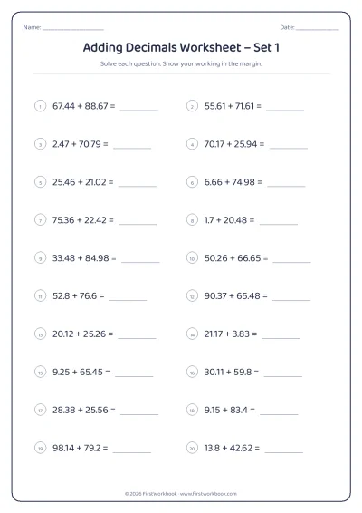 adding decimals maths worksheet