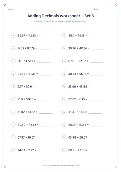 adding decimals maths worksheet