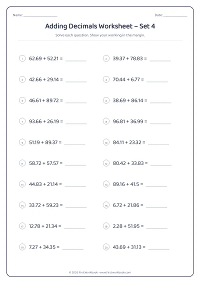 adding decimals maths worksheet