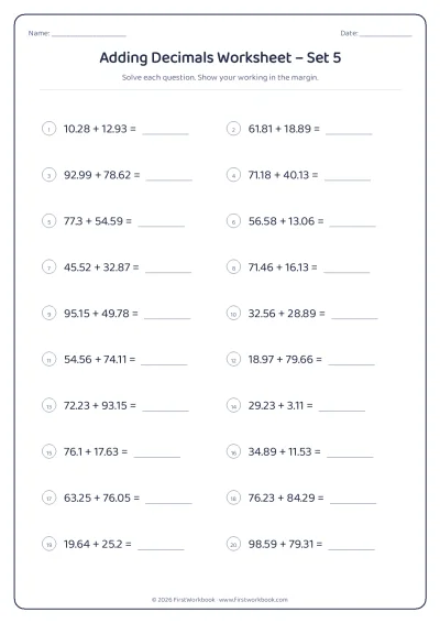 adding decimals maths worksheet