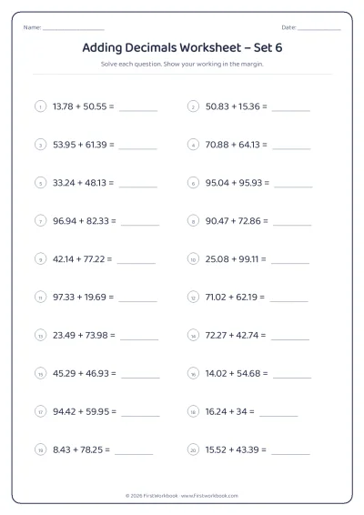 adding decimals maths worksheet