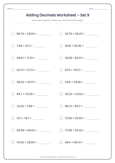 adding decimals maths worksheet