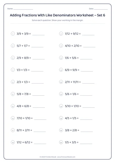 adding fractions with like denominators maths worksheet