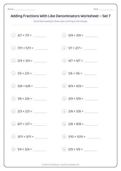 adding fractions with like denominators maths worksheet