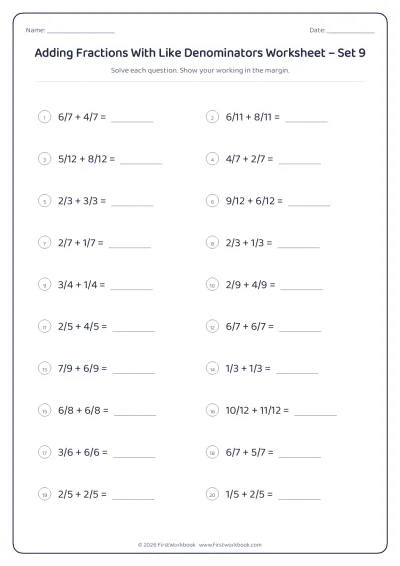 adding fractions with like denominators maths worksheet