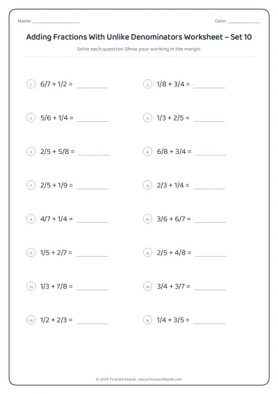 adding fractions with unlike denominators maths worksheet