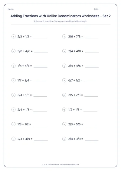 adding fractions with unlike denominators maths worksheet