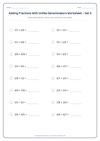 adding fractions with unlike denominators maths worksheet