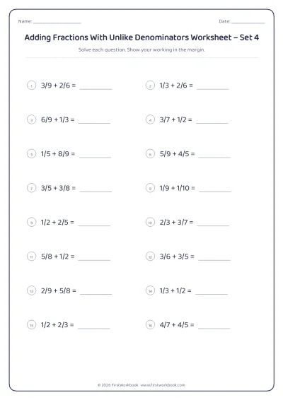adding fractions with unlike denominators maths worksheet