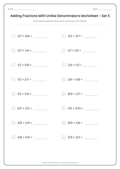 adding fractions with unlike denominators maths worksheet