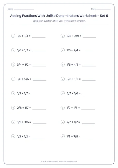 adding fractions with unlike denominators maths worksheet