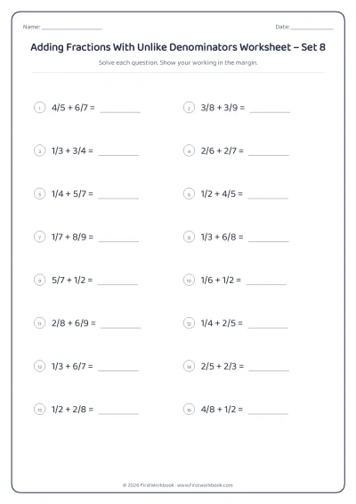adding fractions with unlike denominators maths worksheet
