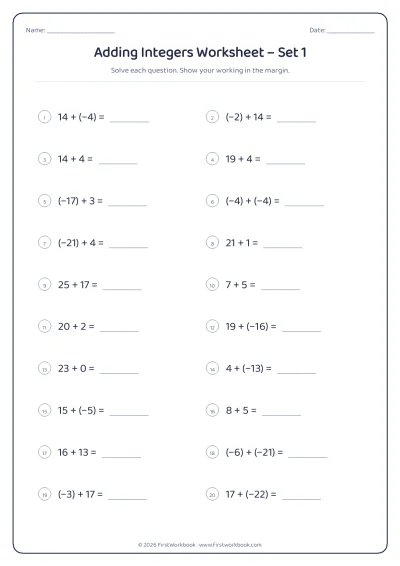 adding integers maths worksheet