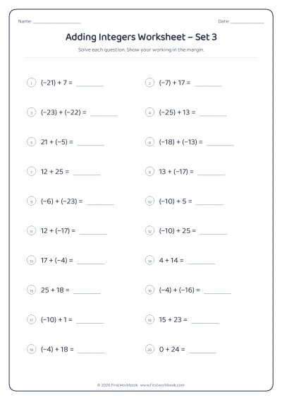 adding integers maths worksheet