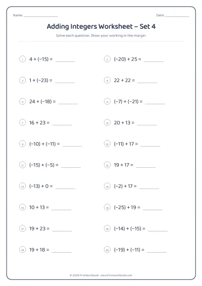 adding integers maths worksheet