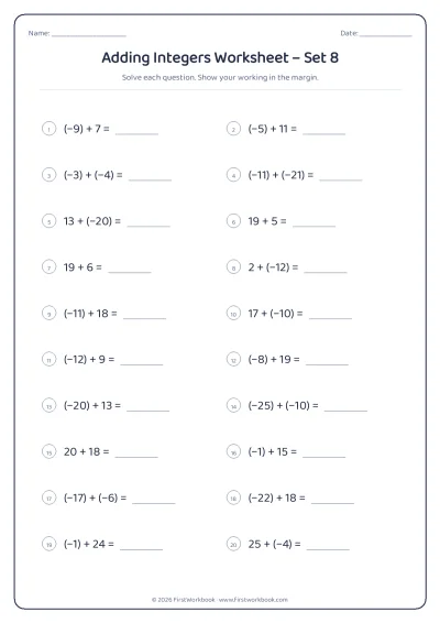 adding integers maths worksheet