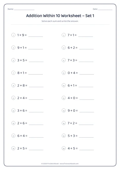 Addition Within 10 practice worksheet with 20 sums and writing lines
