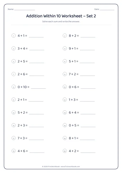 Addition Within 10 practice worksheet with 20 sums and writing lines