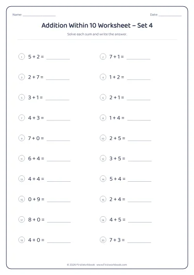 Addition Within 10 practice worksheet with 20 sums and writing lines
