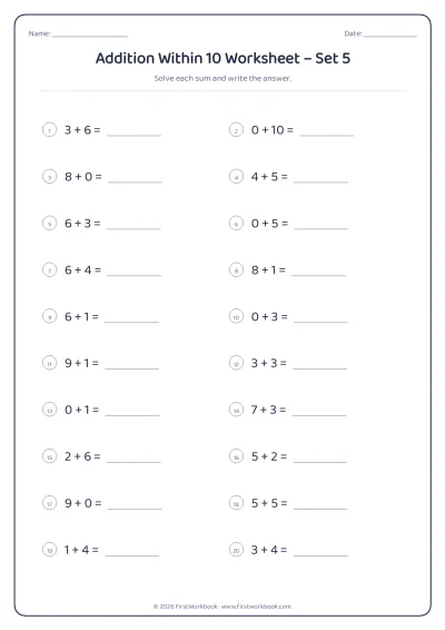 Addition Within 10 practice worksheet with 20 sums and writing lines