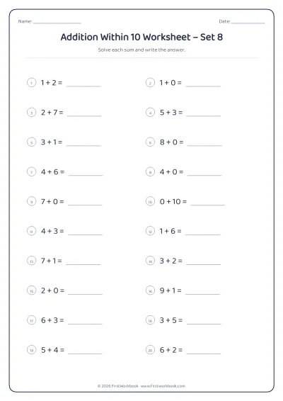 Addition Within 10 practice worksheet with 20 sums and writing lines