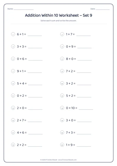 Addition Within 10 practice worksheet with 20 sums and writing lines