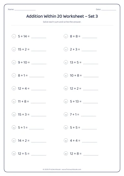 Addition Within 20 practice worksheet with 20 sums and writing lines