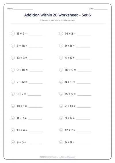 Addition Within 20 practice worksheet with 20 sums and writing lines