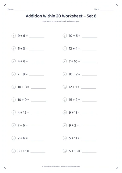 Addition Within 20 practice worksheet with 20 sums and writing lines