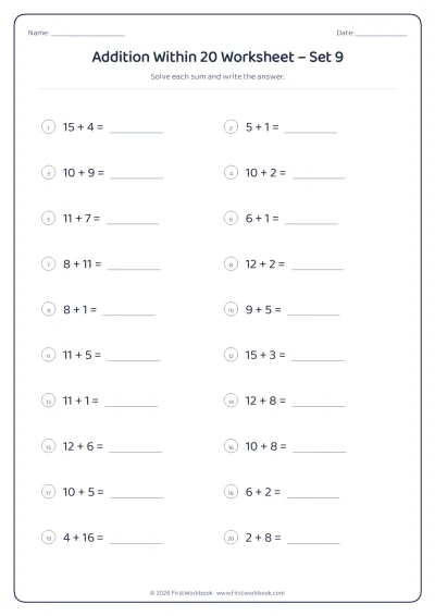 Addition Within 20 practice worksheet with 20 sums and writing lines
