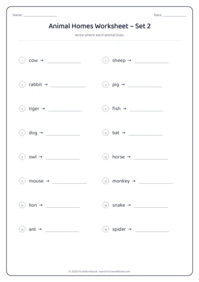 animal homes science worksheet for kids