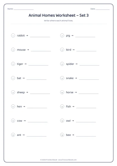 animal homes science worksheet for kids