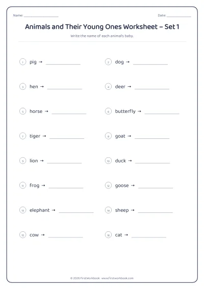 animals and their young ones science worksheet for kids