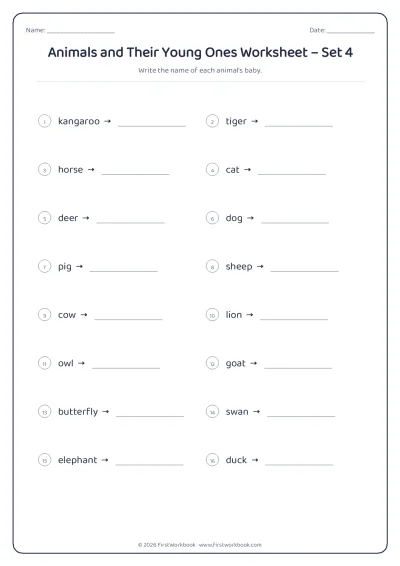 animals and their young ones science worksheet for kids