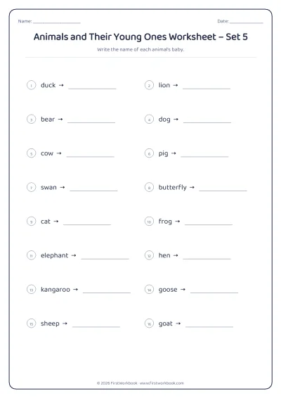 animals and their young ones science worksheet for kids