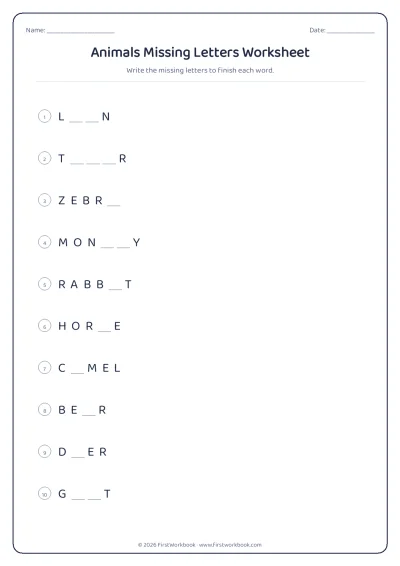 animals missing letters spelling worksheet