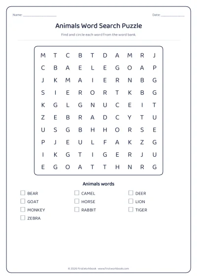animals word search puzzle worksheet