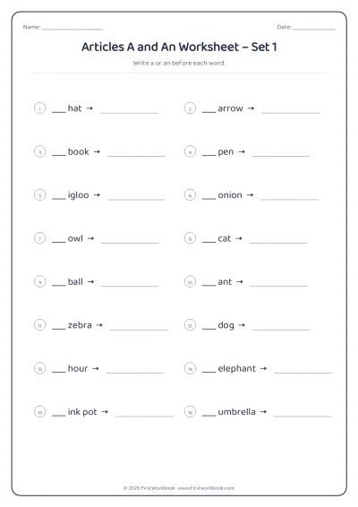 articles a and an English grammar worksheet
