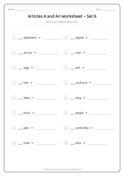 articles a and an English grammar worksheet