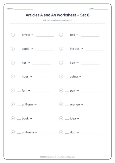 articles a and an English grammar worksheet